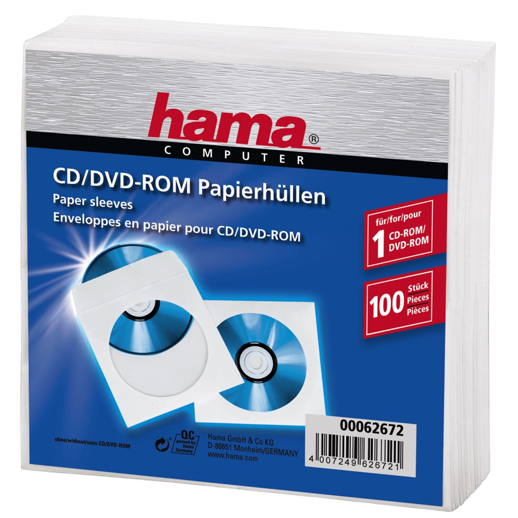 HAMA 62672  ochranný obal na CD DVD, 100 ks bal, biely, balenie PE fólie