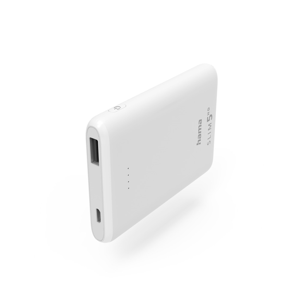 HAMA 201667  SLIM 5HD, powerbanka, 5000 mAh, 1 A, výstup: USB-A, biela