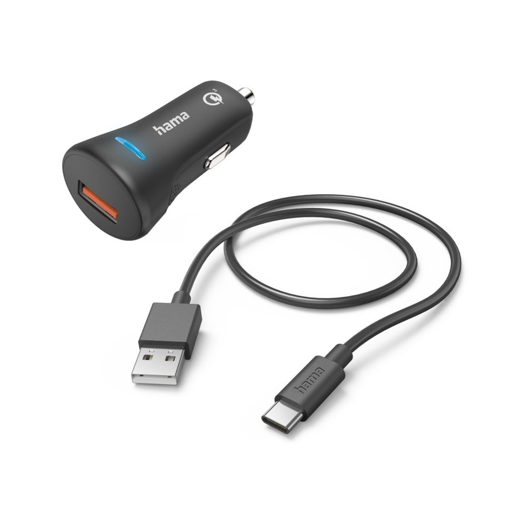 HAMA 201615  set: rýchla USB nabíjačka do vozidla QC 3.0 19,5 W + kábel USB A-C